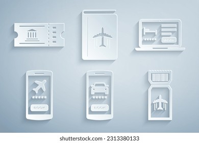 Online-Mitfahrt, Hotelbuchung, Mobile mit Ticket, Airline, Cover Reiseführer und Museum Symbol. Vektorgrafik