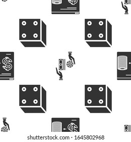 Set Online casino chips exchange on stacks of dollars, Casino chips exchange on stacks of dollars and Game dice on seamless pattern. Vector