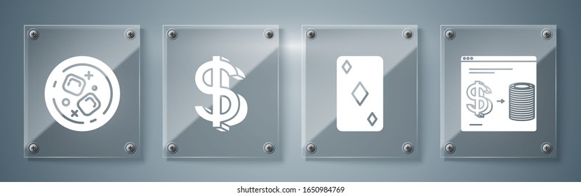Set Online casino chips exchange on stacks of dollars, Playing card with diamonds symbol, Dollar symbol and Glass of whiskey and ice cubes. Square glass panels. Vector