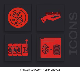 Set Online casino chips exchange on stacks of dollars, Glass of whiskey and ice cubes, Hand holding deck of playing cards and Slot machine icon. Vector