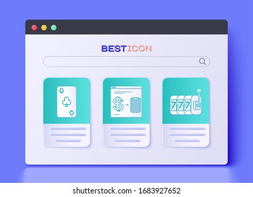 Set Online casino chips exchange on stacks of dollars, Playing card with clubs symbol and Slot machine with lucky sevens jackpot icon. Vector
