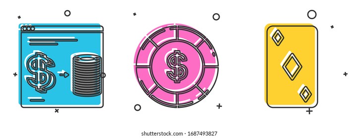 Set Online casino chips exchange on stacks of dollars, Casino chip with dollar symbol and Playing card with diamonds symbol icon. Vector