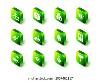 Set Online church pastor preaching, Babel tower bible story, Flag with christian cross, Christian icon, chain, Church bell, Religious heart and circle icon. Vector