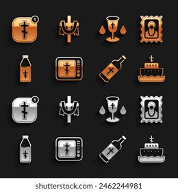 Set Online church pastor preaching, Christian icon, Ark of noah, Holy water bottle, chalice,  and cross icon. Vector