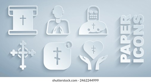 Set Online church pastor preaching, Knight crusader, Christian cross, Religious heart, Hands praying position and Flag with christian icon. Vector