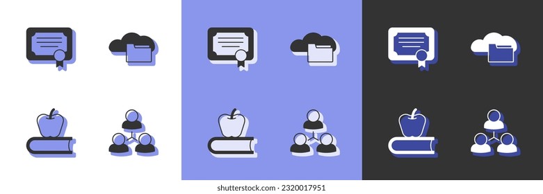 Establecer clase en línea, plantilla de certificado, Libro con manzana y Nube o icono de biblioteca en línea. Vector