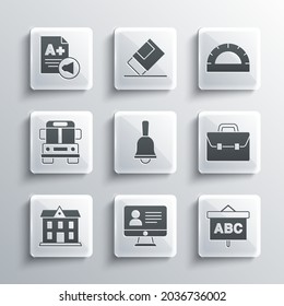 Set Online class, Chalkboard, Briefcase, Ringing bell, School building, Bus, Exam sheet with A plus grade and Protractor grid icon. Vector