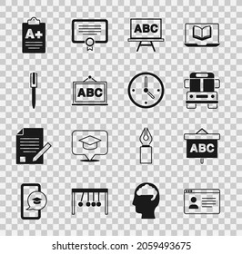 Set Online class, Chalkboard, School Bus, Pen, Exam sheet with A plus grade and Clock icon. Vector
