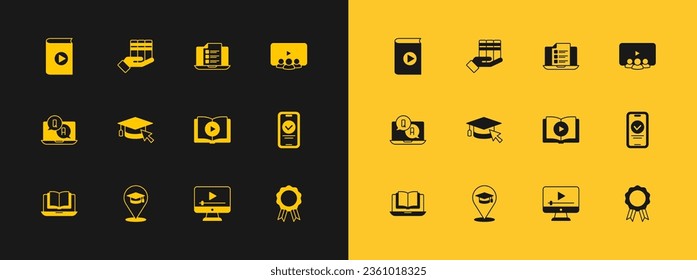 Set Online class, education, Audio book, play video, Graduation cap with cursor, quiz, test, survey,  and Book donation icon. Vector