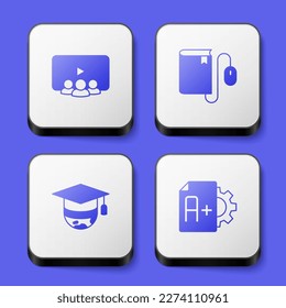 Set Online class, Electronic book with mouse, Graduation cap globe and Exam sheet A plus grade icon. White square button. Vector