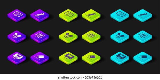 Set Online class, Eraser or rubber, Medal, Chalkboard, Pencil with eraser and Certificate template icon. Vector