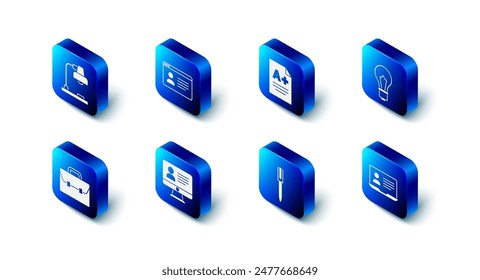 Set Online class, Exam sheet with A plus grade, Light bulb idea, Pen, Briefcase and Table lamp icon. Vector