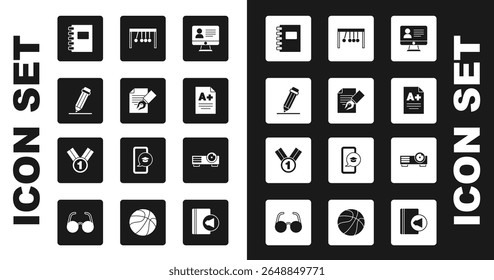Set Online class, Exam sheet and pencil, Pencil with eraser, Spiral notebook, A plus grade, Pendulum, Movie, film, media projector and Medal icon. Vector