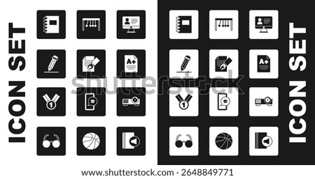 Set Online class, Exam sheet and pencil, Pencil with eraser, Spiral notebook, A plus grade, Pendulum, Movie, film, media projector and Medal icon. Vector