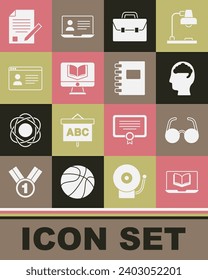 Set Online class, Glasses, Human brain, Briefcase, Exam sheet and pencil and Spiral notebook icon. Vector