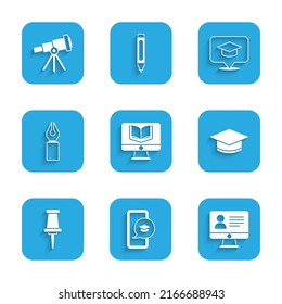 Set Online-Klasse, Graduations-Kappe auf dem Handy, Push-Pin, Füllfederhalter, Sprachblase und Teleskop-Symbol. Vektorgrafik