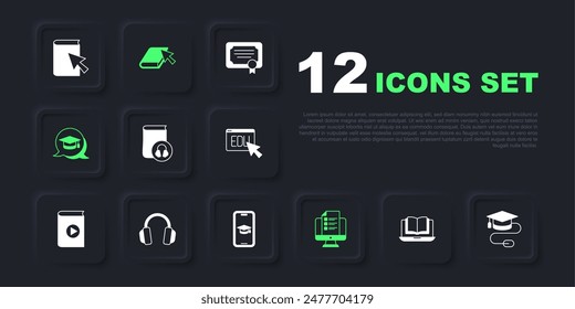 Establecer clase en línea, tapa de graduación con el ratón, libro de audio, cuestionario, prueba, Encuesta, burbuja de voz, auriculares e ícono móvil. Vector