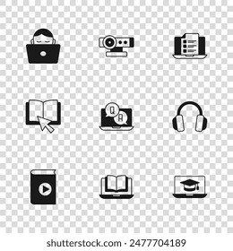 Set Online class, Headphones, Graduation cap laptop, Question and Answer, quiz, test, survey, Student working, Web camera and book icon. Vector