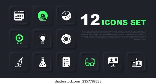 Set Online class, Identification badge, Creative lamp light idea, Glasses, Medal with star, Test tube, CD or DVD disk and Clipboard checklist icon. Vector