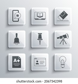 Set Online class, Light bulb with idea, Telescope, Push pin, Exam sheet A plus grade, Ringing bell, Graduation cap on mobile and Eraser or rubber icon. Vector