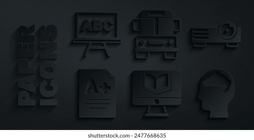 Set Online class, Movie, film, media projector, Exam sheet with A plus grade, Human brain, School Bus and Chalkboard icon. Vector