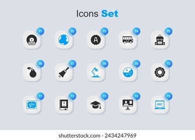Set Online class, Ringing bell, Earth globe, Certificate template, Laptop, Gear, CD or DVD disk and Table lamp icon. Vector