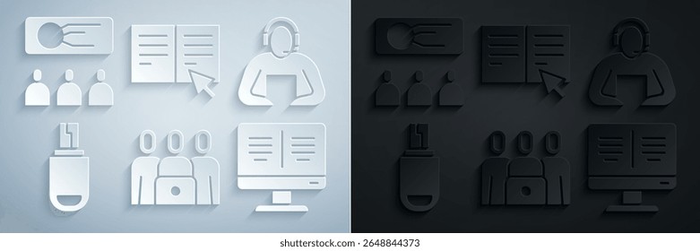 Set Online class, Student, USB flash drive, book on monitor,  and Training, presentation icon. Vector
