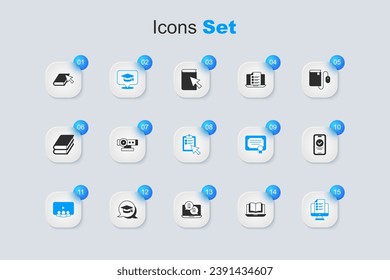 Set Online class, Web camera, Graduation cap speech bubble, quiz, test, survey, book and  icon. Vector
