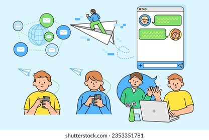 Set of Online Communication, Sending messages, Emails, Cybersecurity. Internet of thing. Simple Vector illustration.
