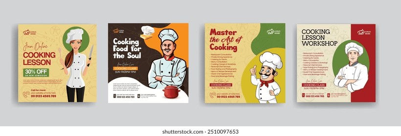 Set of online cooking class and chef job hiring social media posts banner, ads template, culinary training center social media banner or square flyer with chef flat illustration design