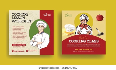 Set of online cooking class and chef job hiring social media posts banner, ads template, culinary training center social media banner or square flyer with chef flat illustration design