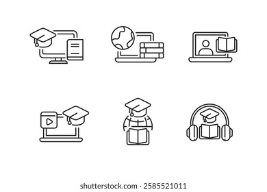 Set of online course icon with thin line design on a white background