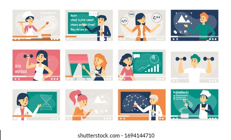 Set of online courses vector isolated. Education in internet, video training. Business, chemistry, foreign language and cooking classes.