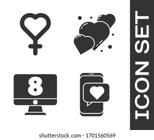 Establecer aplicación de citas en línea y chat, Símbolo de género femenino, 8 de marzo sobre monitor e icono del corazón. Vector