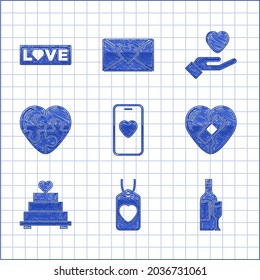 Set Online Dating App And Chat, Heart Tag, Champagne Bottle, Healed Broken Heart, Wedding Cake With, Hand And Love Text Icon. Vector