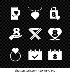 Set Online dating app and chat, Necklace with heart shaped pendant, Shopping bag, Wedding rings, Calendar 8 March, on hand and Breast cancer awareness ribbon icon. Vector