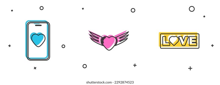 Establecer aplicación de citas y chat en línea, icono de texto Corazón con alas y Amor. Vector