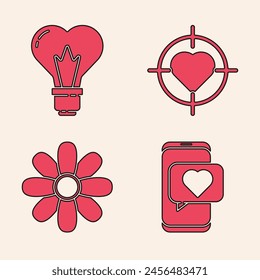 Set Online dating app and chat, Heart shape in a light bulb, Heart in the center of target aim and Flower icon. Vector