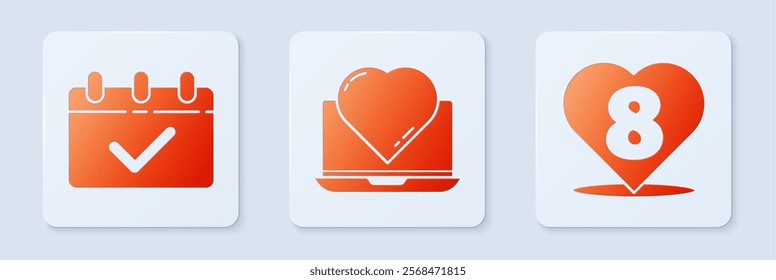 Set Online dating app and chat, Calendar with 8 March and Heart with 8 March. White square button. Vector