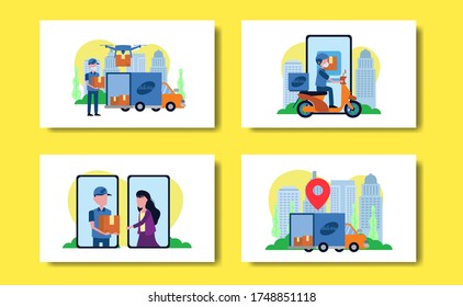 Set of online delivery concept with cargo and package to consumer and people use car, drone, motorcycle. Flat design illustration