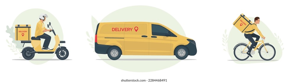 Set of online delivery illustrations. Happy courier delivers goods and food on a scooter. A delivery man on a bicycle with a bag on his shoulders.