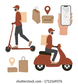 Conjunto de objetos de parto en línea, tiempo de cuarentena, mensajería con máscara respiratoria en una motocicleta eléctrica. Caja, paquete, teléfono con mapa. Ilustración vectorial, fondo aislado blanco. 