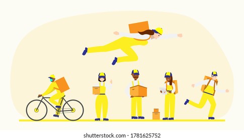 Set of online delivery service. Collection of flat courier. Deliveryman in respiratory mask. Cartoon character.
