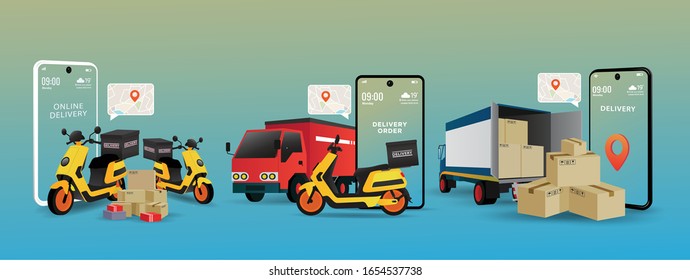 Set of Online delivery service concept. Truck and scooter element. Perfect for landing page, delivery website, banner, background, application, poster, on mobile. Horizontal view