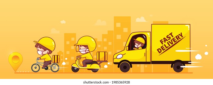 Set Of Online Delivery Service Concept Delivery Man Ride Truck, Scooter And Bicycle Courier Cartoon Art Illustration