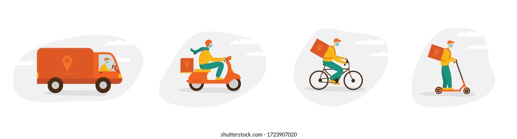 Set of online delivery service concepts, order tracking, delivery home and office. A truck, electric kick scooter, moped, bicycle courier, delivery man in respiratory mask. Vector flat illustration.
