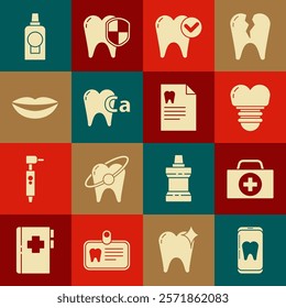 Set Online dental care, First aid kit, Dental implant, Tooth whitening concept, Calcium for tooth, Smiling lips, Mouthwash plastic bottle and Clipboard with card icon. Vector