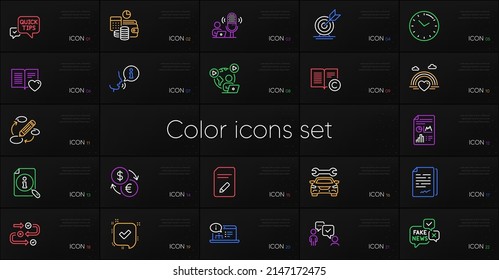 Set of Online documentation, Love book and Currency exchange line icons. Include Copyright, Survey progress, Keywords icons. Document signature, Lgbt, Target goal web elements. Vector