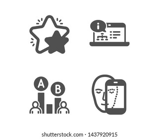 Set of Online documentation, Star and Ab testing icons. Face biometrics sign. Web engineering, Customer feedback, Test chart. Facial recognition.  Classic design online documentation icon. Flat design