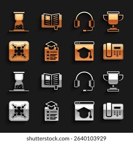 Set Online education, Award cup, Telephone 24 hours support, Target, Headphones, Old hourglass with sand and Reading book icon. Vector
